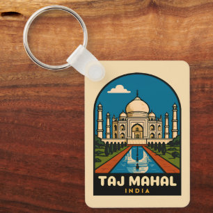 Retro Vintage Travel Taj Mahal India Illustration Key Ring
