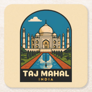 Retro Vintage Travel Taj Mahal India Illustration Square Paper Coaster