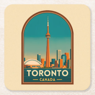 Retro Vintage Travel Toronto Canada Skyline Scenic Square Paper Coaster