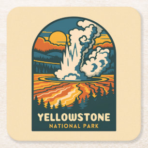 Retro Vintage Travel Yellowstone National Park Square Paper Coaster