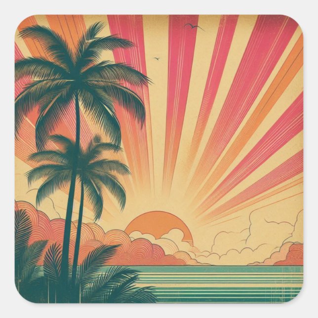 Retro/vintage tropical/Hawaiian sunset  Square Sticker (Front)