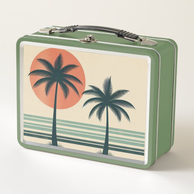 Retro/vintage tropical palms tree metal lunch box (Front)