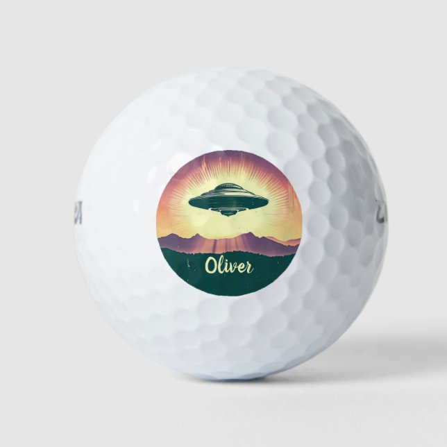 Retro Vintage UFO at Sunset Personalised Golf Balls (Front)