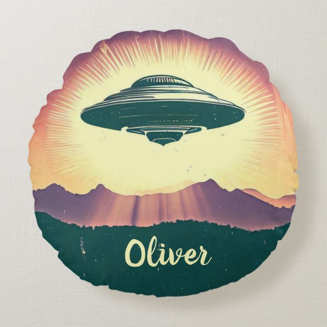 Retro Vintage UFO at Sunset Personalised Round Cushion (Front)