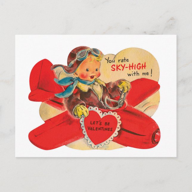 Retro Vintage Valentine boy aeroplane postcard (Front)