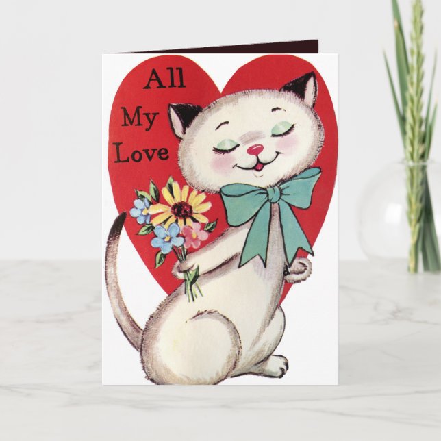 retro vintage Valentine cat add sentiment Holiday Card (Front)