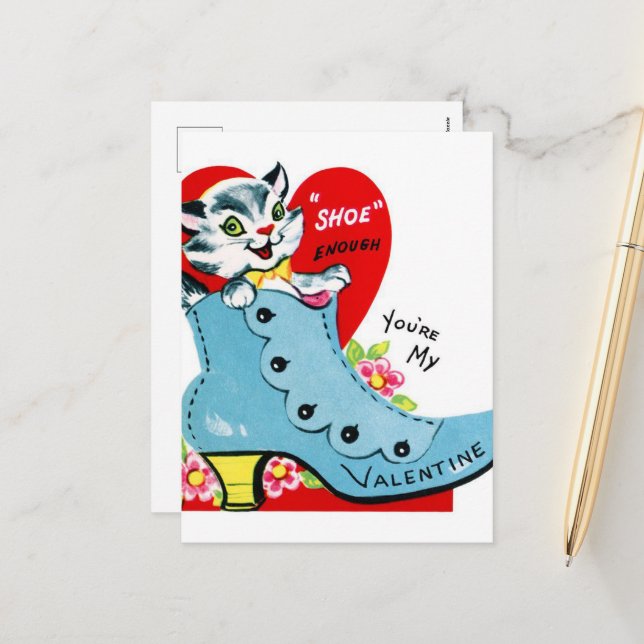 retro vintage Valentine cat  Holiday Postcard (Front/Back In Situ)