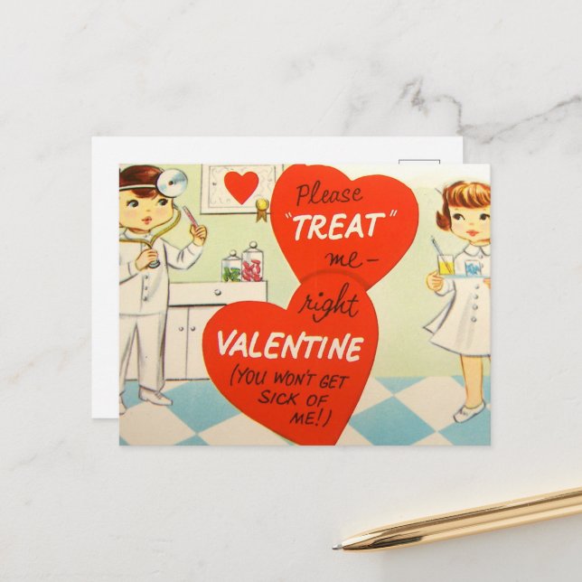 retro vintage Valentine Doctor Nurse Postcard (Front/Back In Situ)