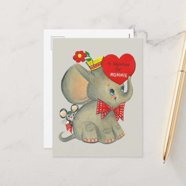 retro vintage Valentine elephant Mummy Holiday Postcard (Front/Back In Situ)