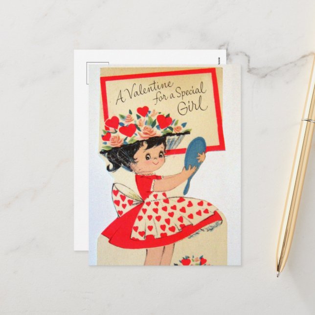 retro vintage Valentine girl Holiday Postcard (Front/Back In Situ)