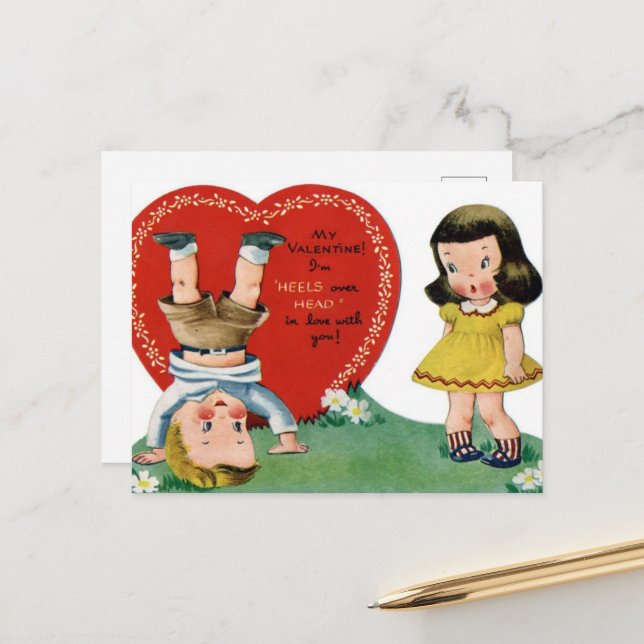 retro vintage Valentine kids Holiday Postcard (Front/Back In Situ)