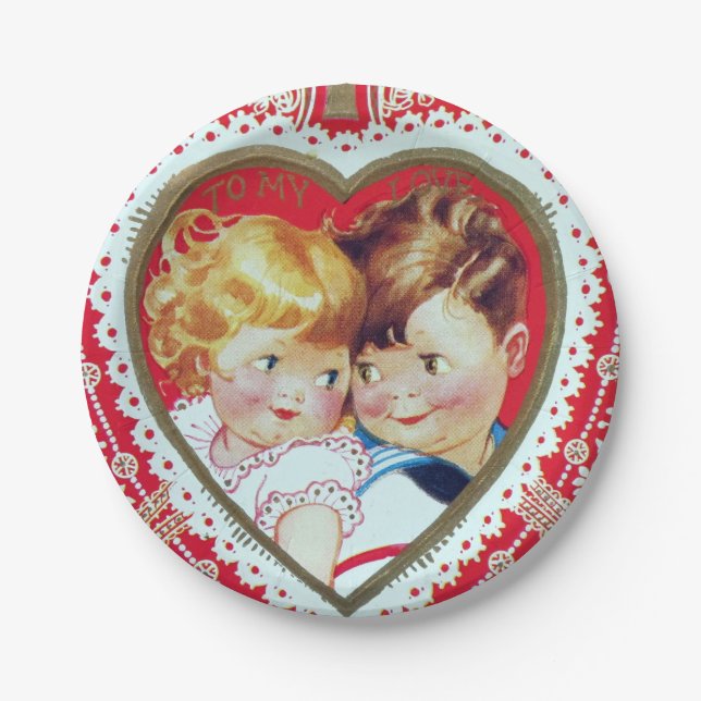 Retro vintage Valentine kids party paper plate (Front)