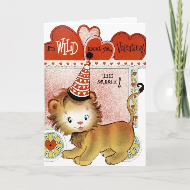 Retro Vintage Valentine lion add message card (Front)