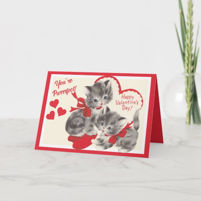 Retro Vintage Valentine's Day Kittens Personalised Holiday Card (Front)