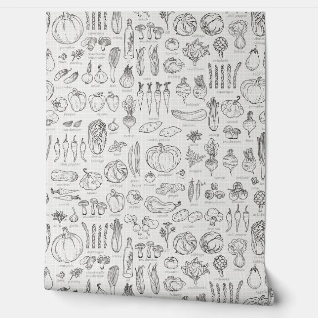 Retro Vintage Vegetable, Spices with Names Kitchen Wallpaper (Unrolling)