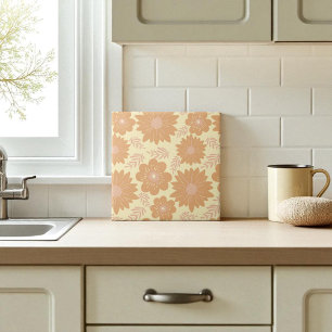 Retro Vintage Warm Cream Orange Floral Tile