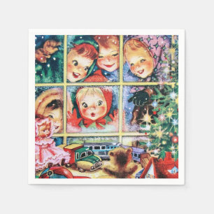 retro vintage window shopping kids Christmas Napkin