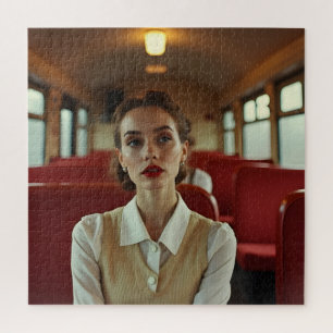 Retro vintage woman in train jigsaw puzzle