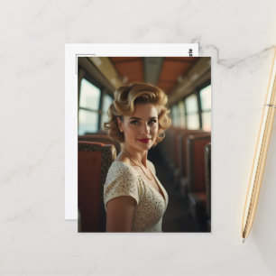 Retro vintage woman in train postcard