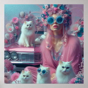 Retro vintage woman with white cats poster