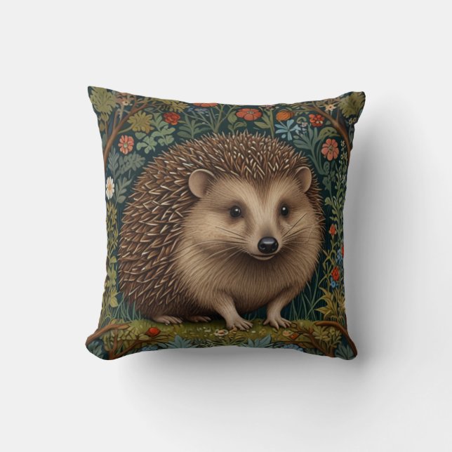 Retro vintage woodland hedgehog woodland botanical cushion (Front)