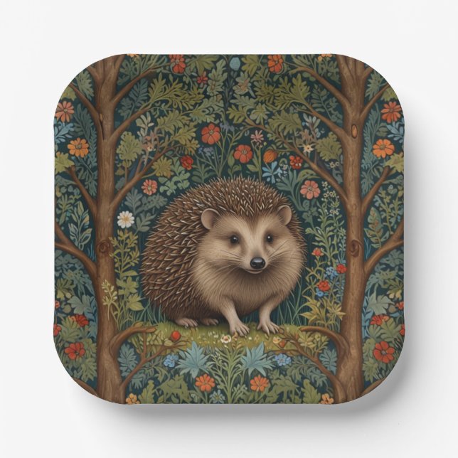 Retro vintage woodland hedgehog woodland botanical paper plate (Front)