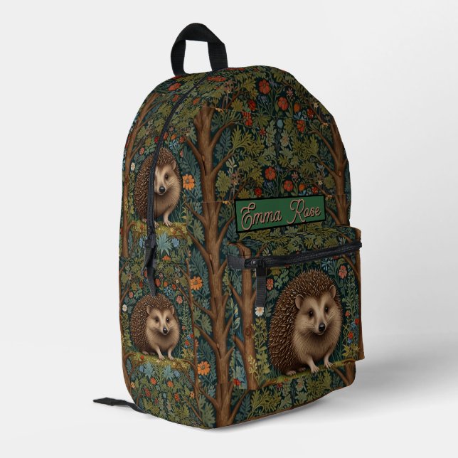 Retro vintage woodland hedgehog woodland botanical printed backpack (Back Corner Left)