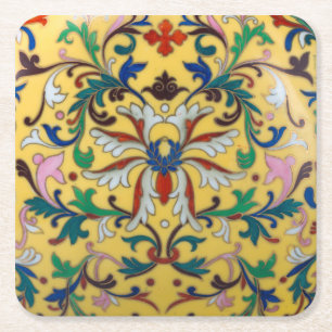 Retro Vintage Yellow Floral Minton Tile Botanical Square Paper Coaster