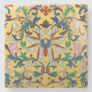 Retro Vintage Yellow Floral Minton Tile Botanical Stone Coaster