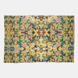 Retro Vintage Yellow Floral Minton Tile Botanical Tea Towel