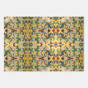 Retro Vintage Yellow Floral Minton Tile Botanical Wrapping Paper Sheet