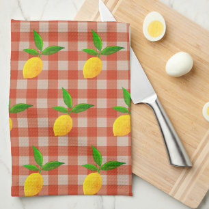 Retro Vintage Yellow Lemons on Red White Checks Tea Towel