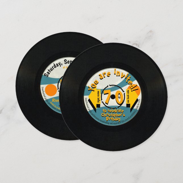 Retro Vinyl Record 70th Birthday Party Round Inv Invitation (Front/Back)