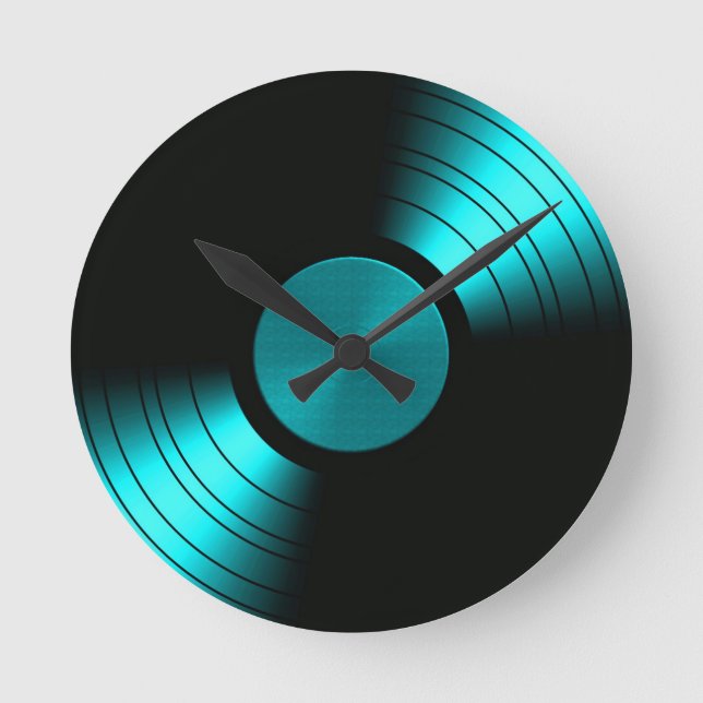 Retro Vinyl Record Album in Teal Round Clock (Front)