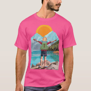 Retro Vinyl Record And Nature Sunset Hiking Lone W T-Shirt