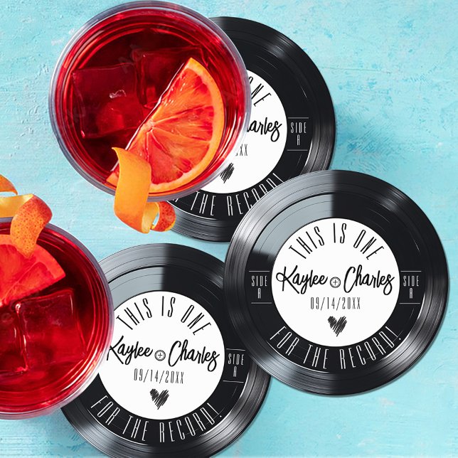 Retro Vinyl Record Black and White Music Wedding Round Paper Coaster (Unique retro black and white vintage vinyl record music theme wedding reception bar drink coasters)