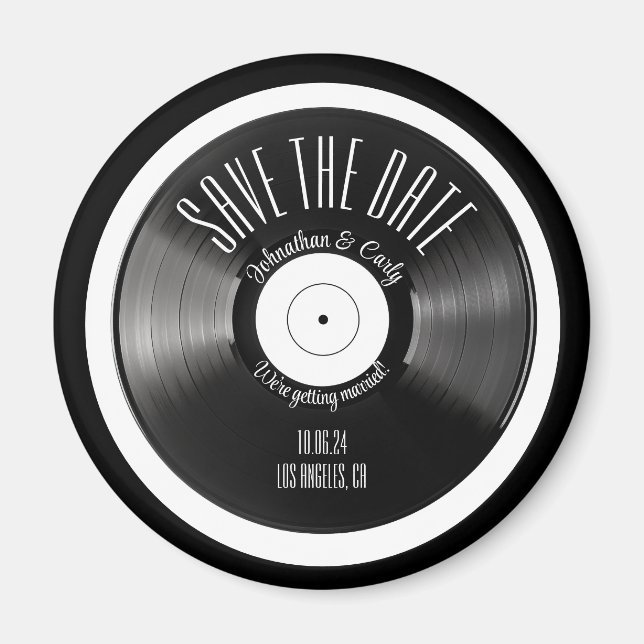 Retro vinyl record black save the date engagement magnet (Front)
