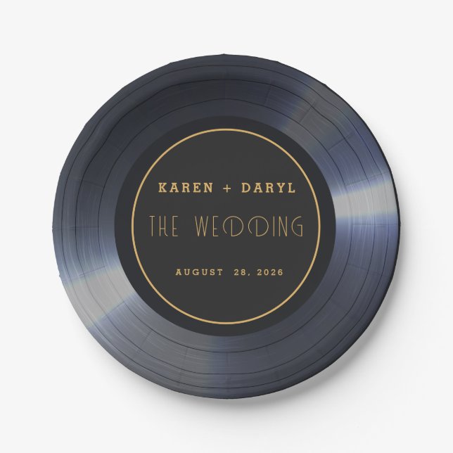 Retro Vinyl Record Black Wedding  Paper Plate (Front)