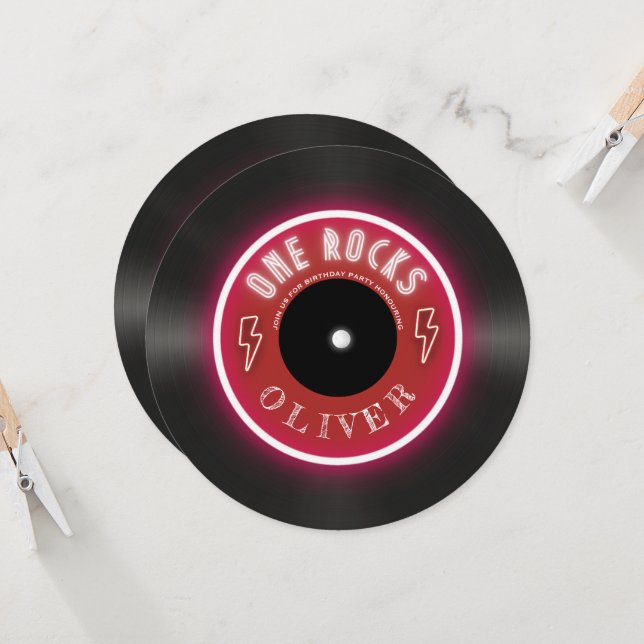 Retro vinyl record boy first birthday invitation (Front/Back In Situ)