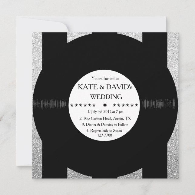 Retro Vinyl Record Chic Silver Wedding Invites (Front)