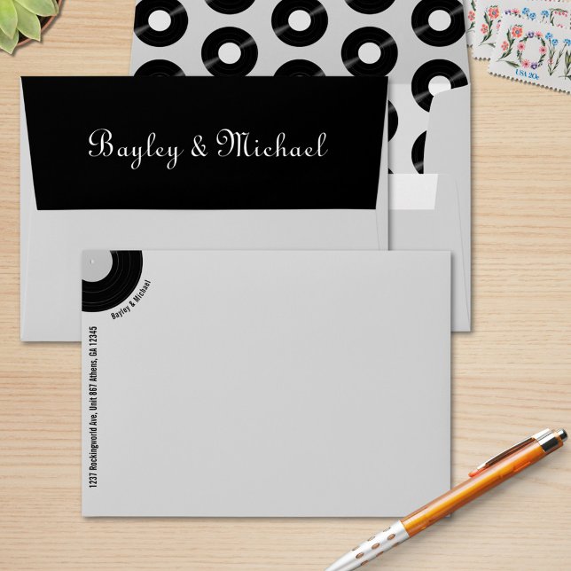 Retro Vinyl Record Custom Grey Black Wedding  Envelope (Custom vinyl record envelope with monogram, return address, and vinyl record print inside)