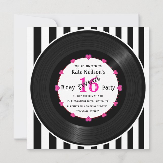Retro Vinyl Record l Modern Sweet 16 B'day Invitation (Front)