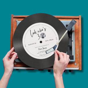 Retro vinyl record look who’s 30, 30th birthday in invitation