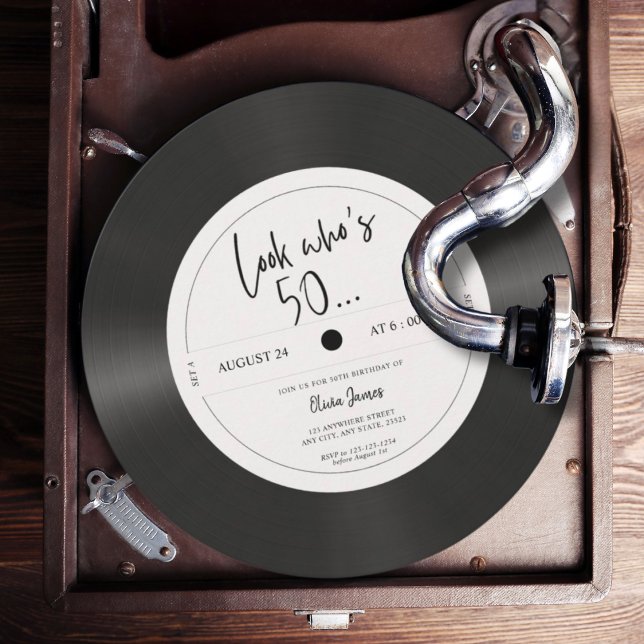 Retro vinyl record look who’s 50, 50th birthday in invitation (Creator Uploaded)