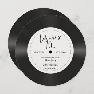 Retro vinyl record look who’s 70, 70th birthday invitation