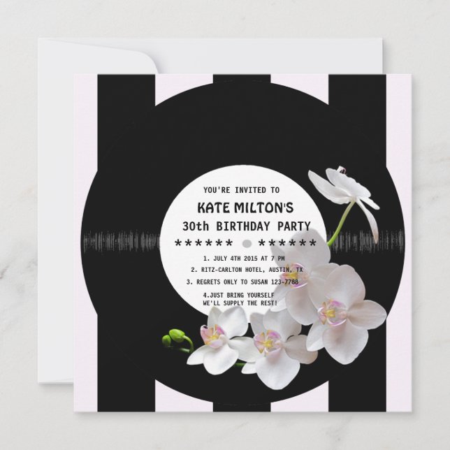 Retro Vinyl Record Modern Orchids Birthday Invites (Front)