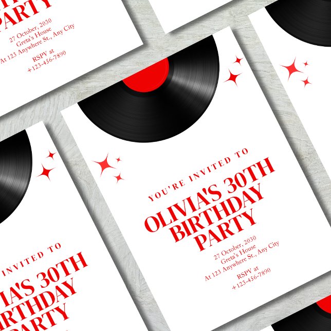 Retro Vinyl Record Music Birthday Bash in Red Invitation (Creator Uploaded)