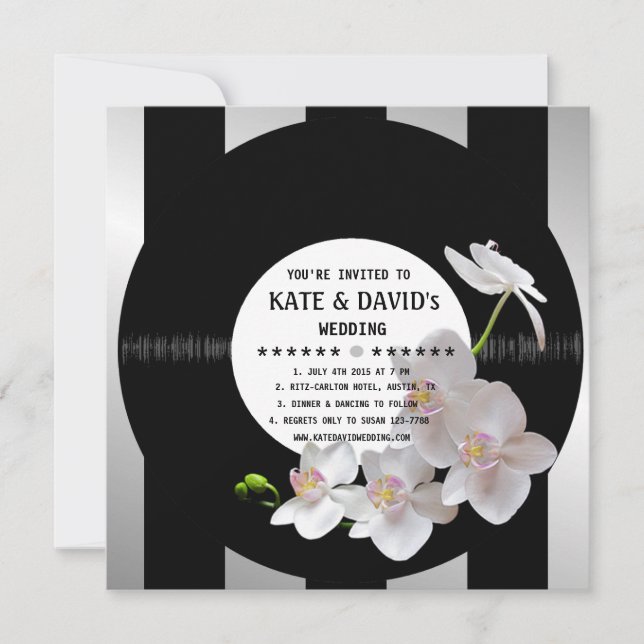 Retro Vinyl Record Orchids Modern Wedding Invites (Front)