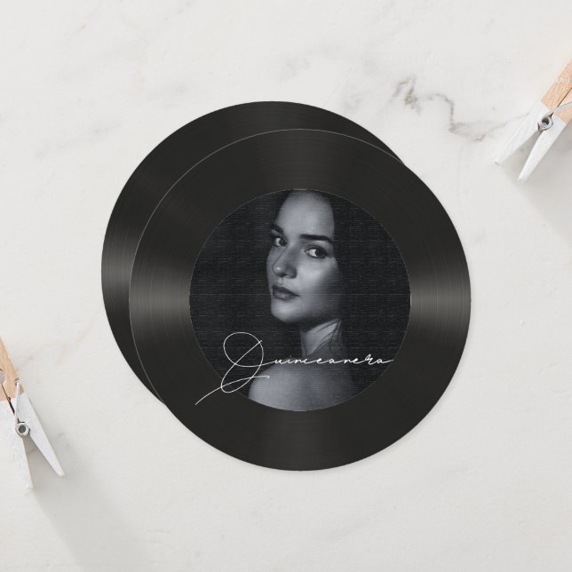 Retro vinyl record photo Quinceanera  Invitation (Front/Back In Situ)