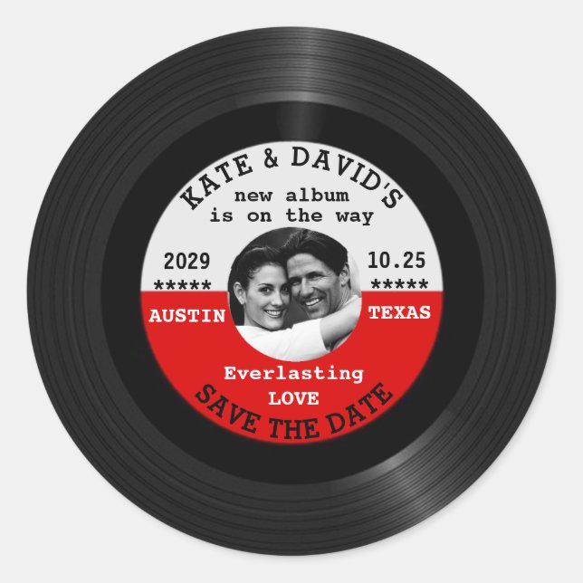 Retro Vinyl Record Photo Save The Date Template Classic Round Sticker (Front)